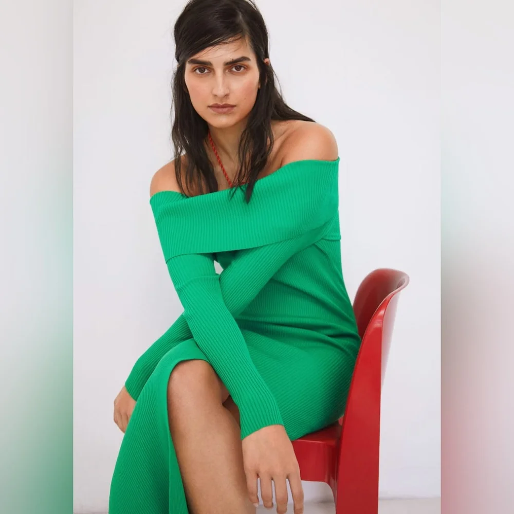 MANGO Ribbed Off The Shoulder Dress - Picture 8 of 9